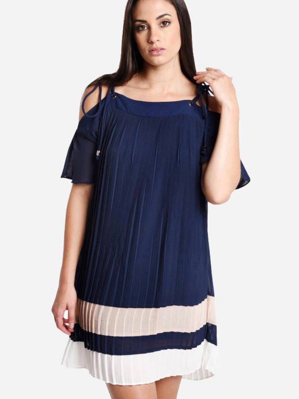 Endless Rose Chiffon Navy Cold-Shoulder Pleated Dress with Cream Contrast Hem